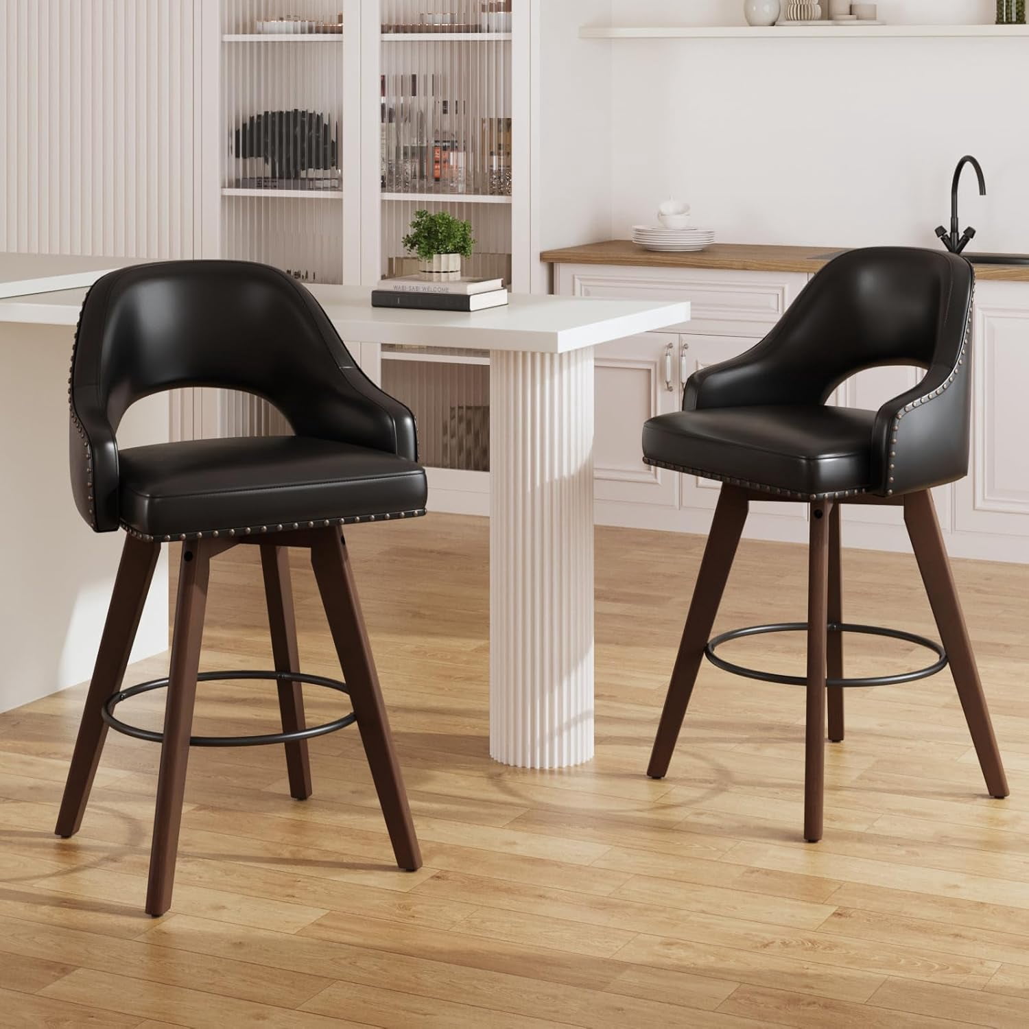 Vabches 24" Swivel Bar Stools Set of 2, Modern Counter Height Bar Chair with PU Leather and Wood Legs for Kitchen Island, Pub Chair with Solid Wood Legs for Kitchen Island Dining Room Pub Counter