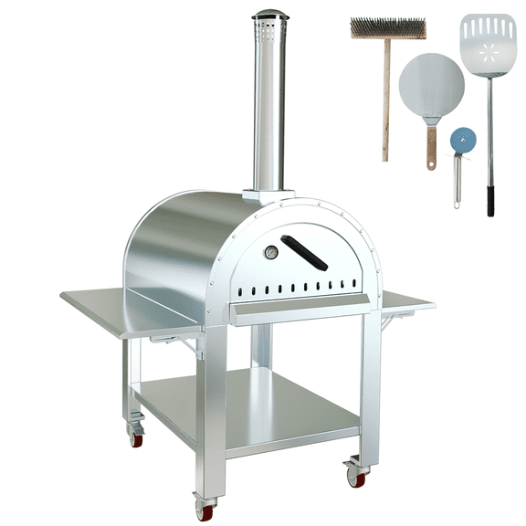 Dual-Fuel Outdoor Pizza Oven,Wood and Charcoal Outdoor Pizza Oven with Casters,Insulation Multi Fuel Grill,Pizza Oven Outdoor,Dual Fuel Pizza Maker,Outdoor Cooking Grill  for Backyard & Camping