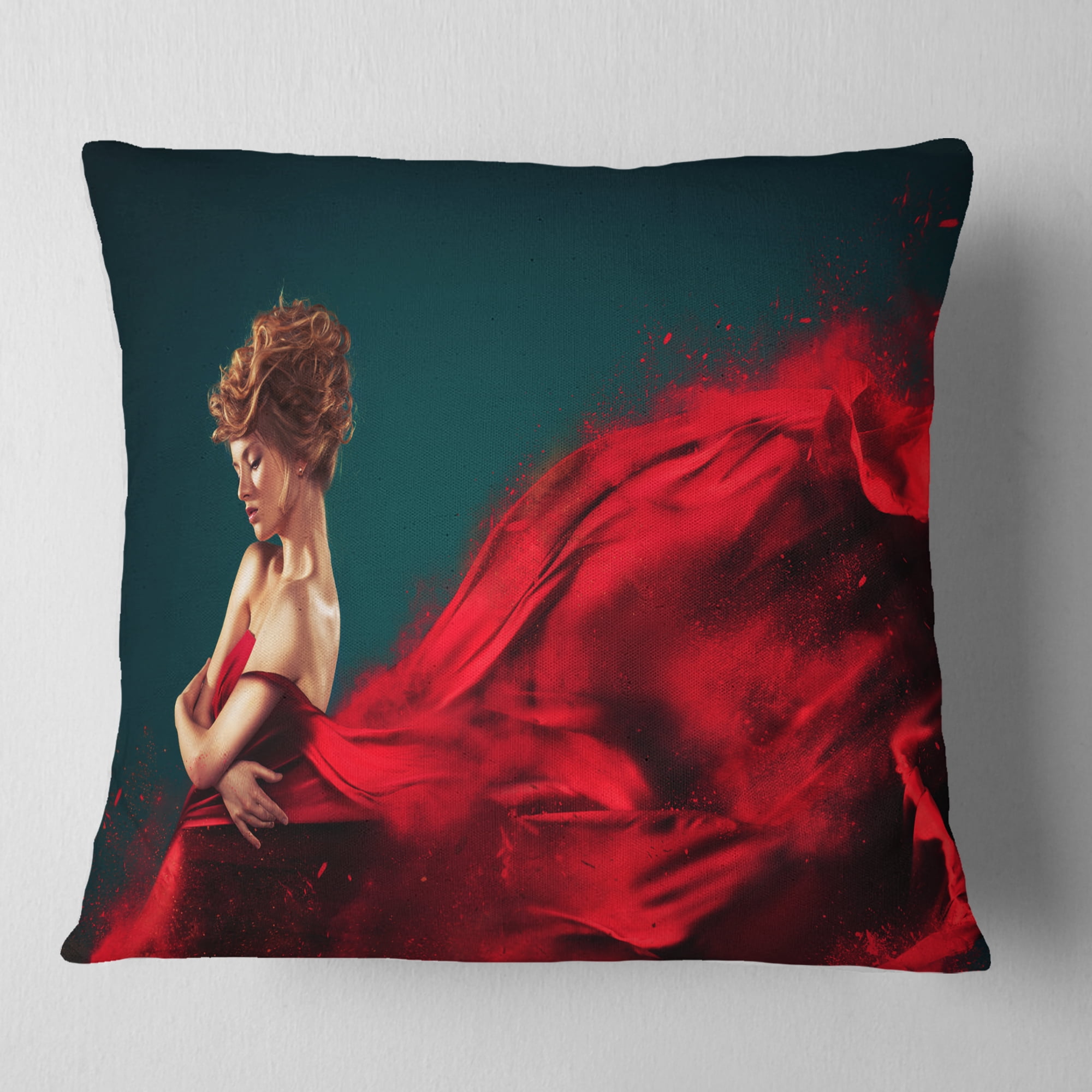 Designart Woman in Flying Red Dress - Abstract Portrait Throw Pillow - 16x16
