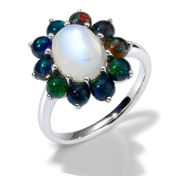 Tibetan Silver 925 Sterling Silver Designer Ring Natural Black Opal & Moonstone Gemstones Jewelry