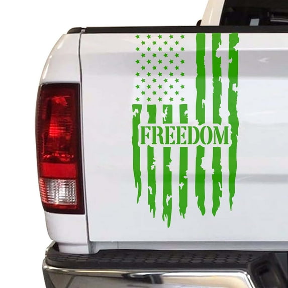 Freedom Distressed American USA US Flag Truck Tailgate Vinyl Decal Sticker fits most Pickup Trucks U.S. Decal for Liberty, Independence, Self-determination, Autonomy (11" x 20", Yellow Green)
