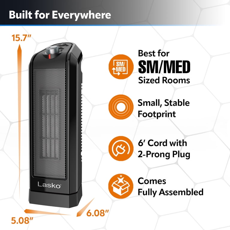 Lasko 1500W Oscillating Ceramic Tower Space Heater, CT16450, Black - Walmart .com