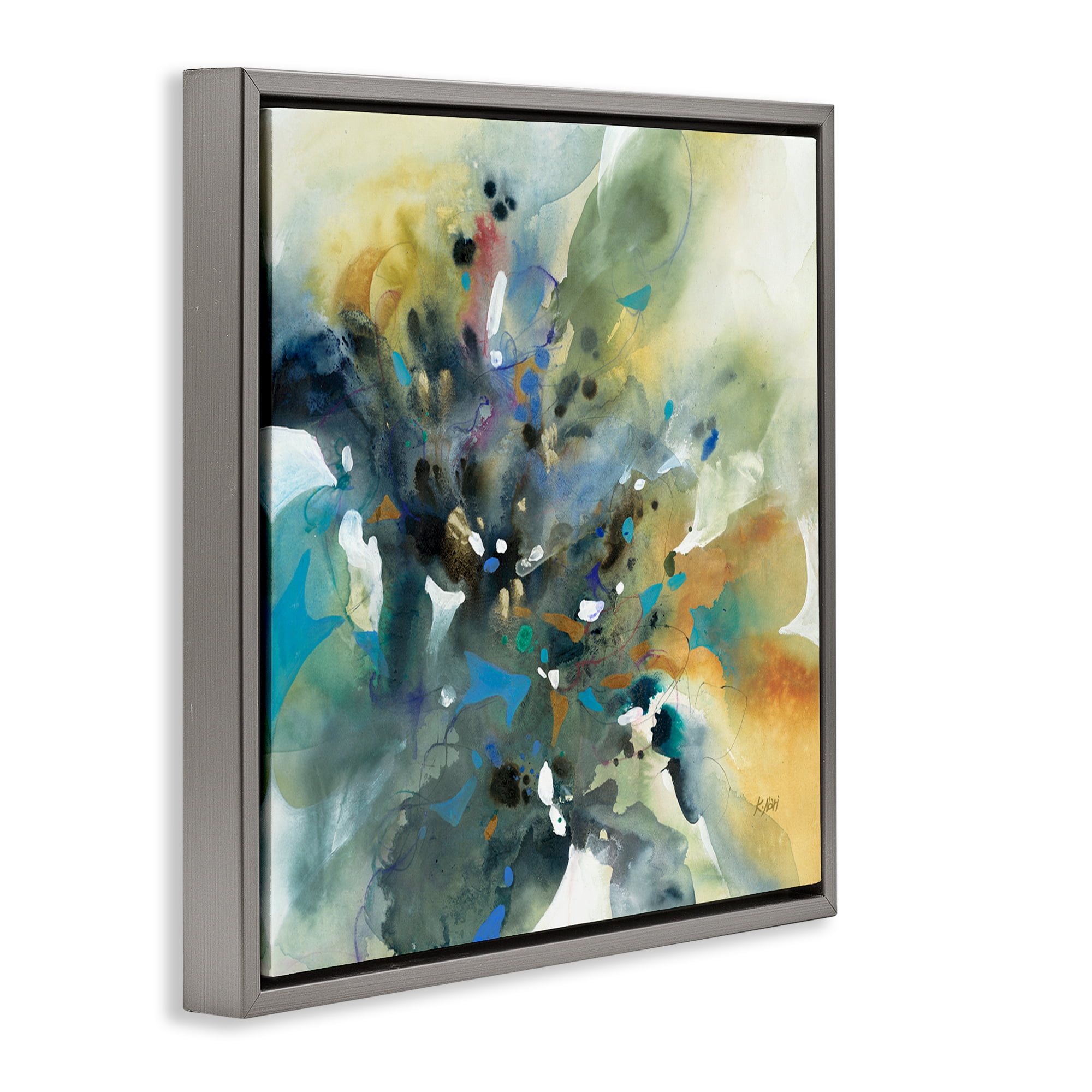 Stupell Industries Abstract with Ink Droplets Abstract Painting Gray Floater Framed Canvas Art Print Wall Art, 18 x 18