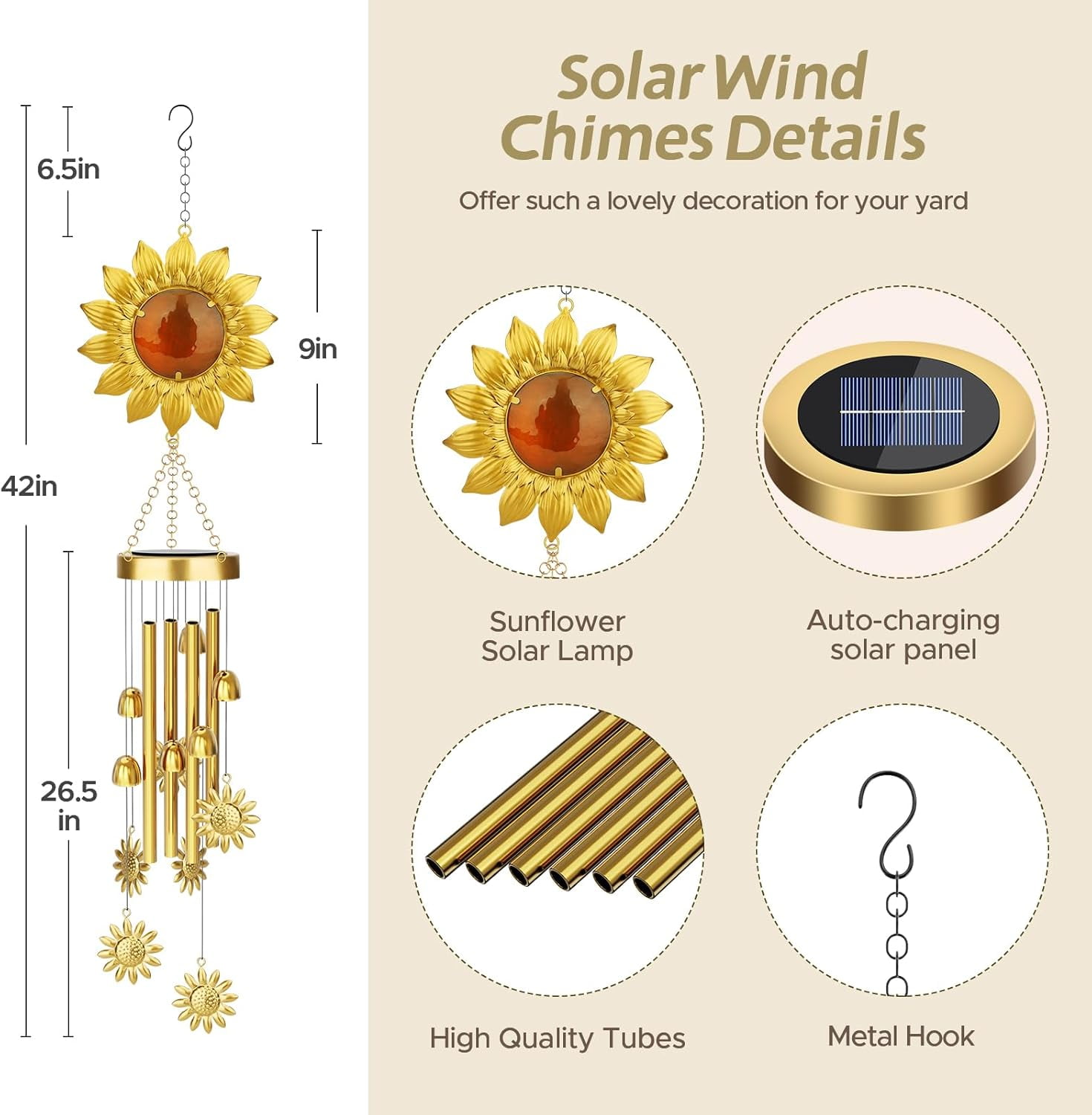 JYPS Solar Wind Chimes with Sunflower LED Lights, 42-Inch Large Waterproof Outdoor Garden Decor for Patio Yard, Unique Gifts for Women Mom Grandma, Mother's Day Birthday Easy-Install Design