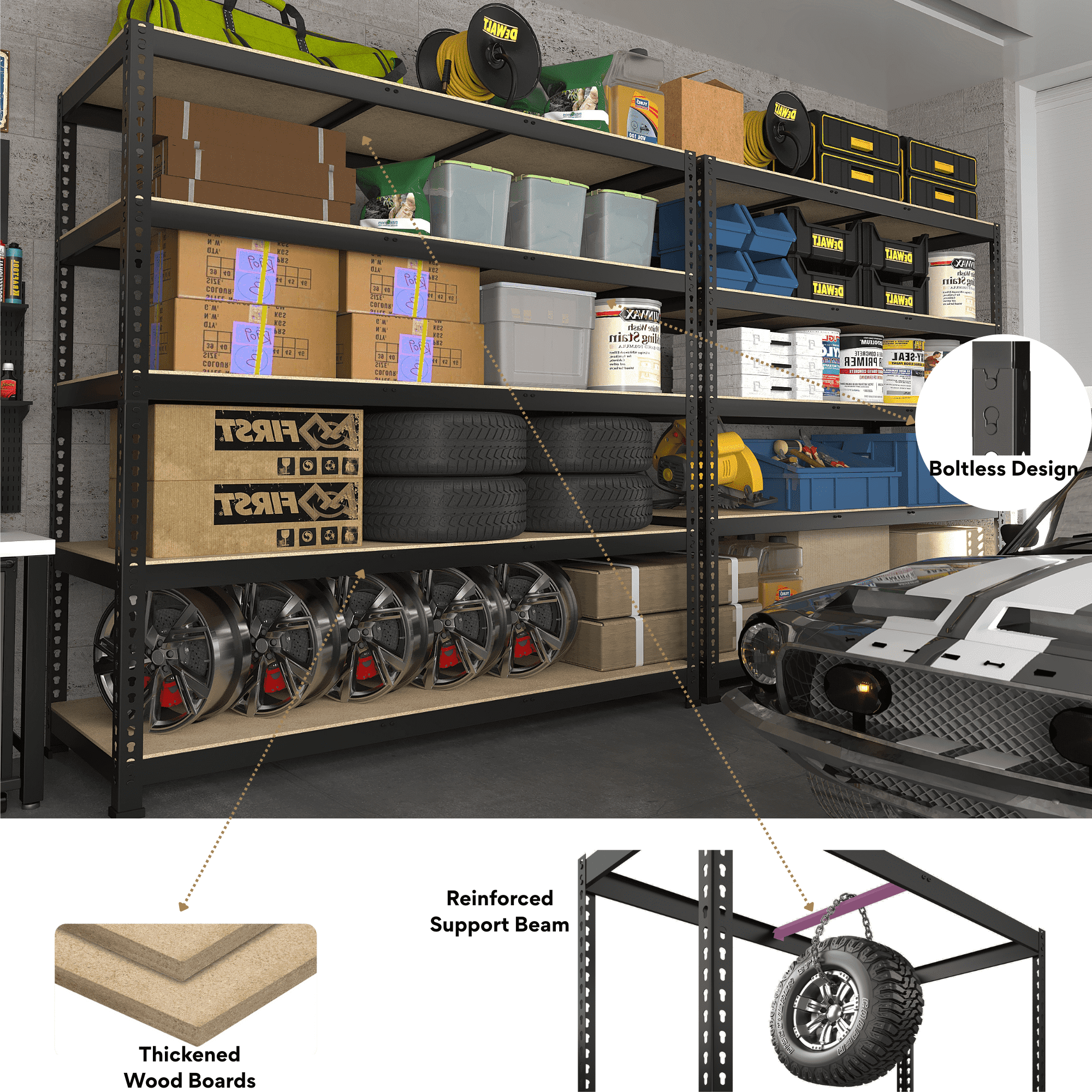 Prilinex 72" H Garage Shelving Heavy Duty 3000 LBS 5 Tier Storage Shelves Adjustable Shelving Unit and Storage for Garage Basement 48" W x 18" D x 72" H, 4 Pack