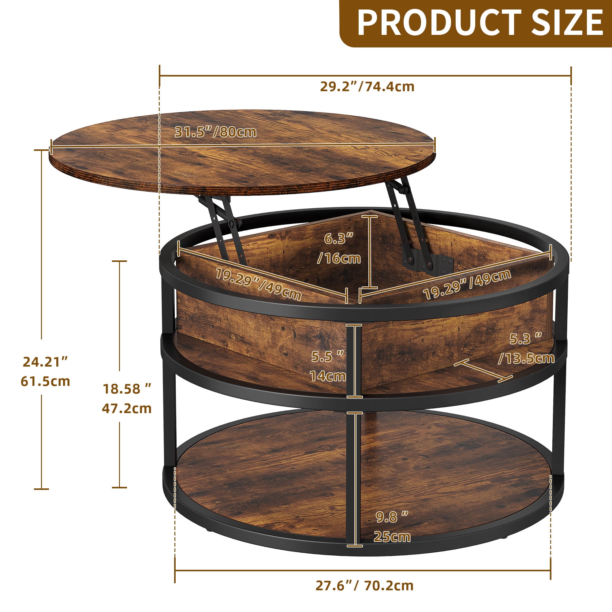 Uforic 3-Tier Round Coffee Table with Lift Top and Hidden Storage for Living Room, Brown