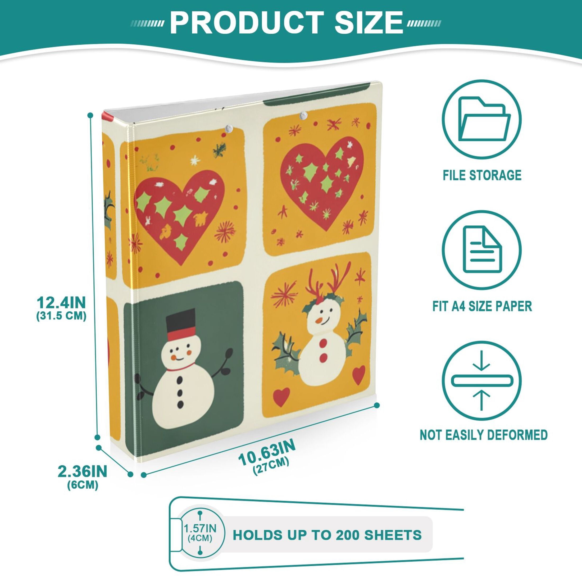 Christmas Squares Snowmen 3 Ring Binders 1.5 inch Hardcover File Folders with Interior Pockets A4 Size Organizer for School Office Hospital