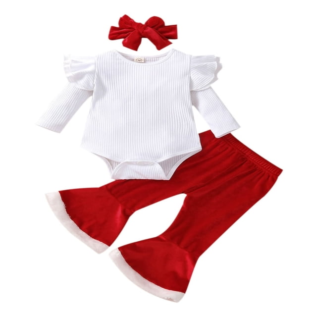 Christmas Solid Color Playsuit + Flared Pants + Bow Headband