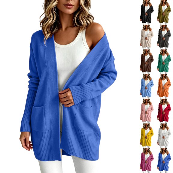 Husipze Womens Mid Length Open Front Cardigan Sweater Oversized Long Sleeve Soft Knit Relaxed Fit Ribbed Casual Cardigan with Pockets Blue L
