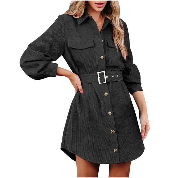 Olyvenn Womens Work Office Shirt Dress with Pockets Lapel Turndown Collar Belted High Waist Loose Casual Smocked Lantern Long Sleeve Prom Dress Fashion Vintage Solid Color House Dress Black 4