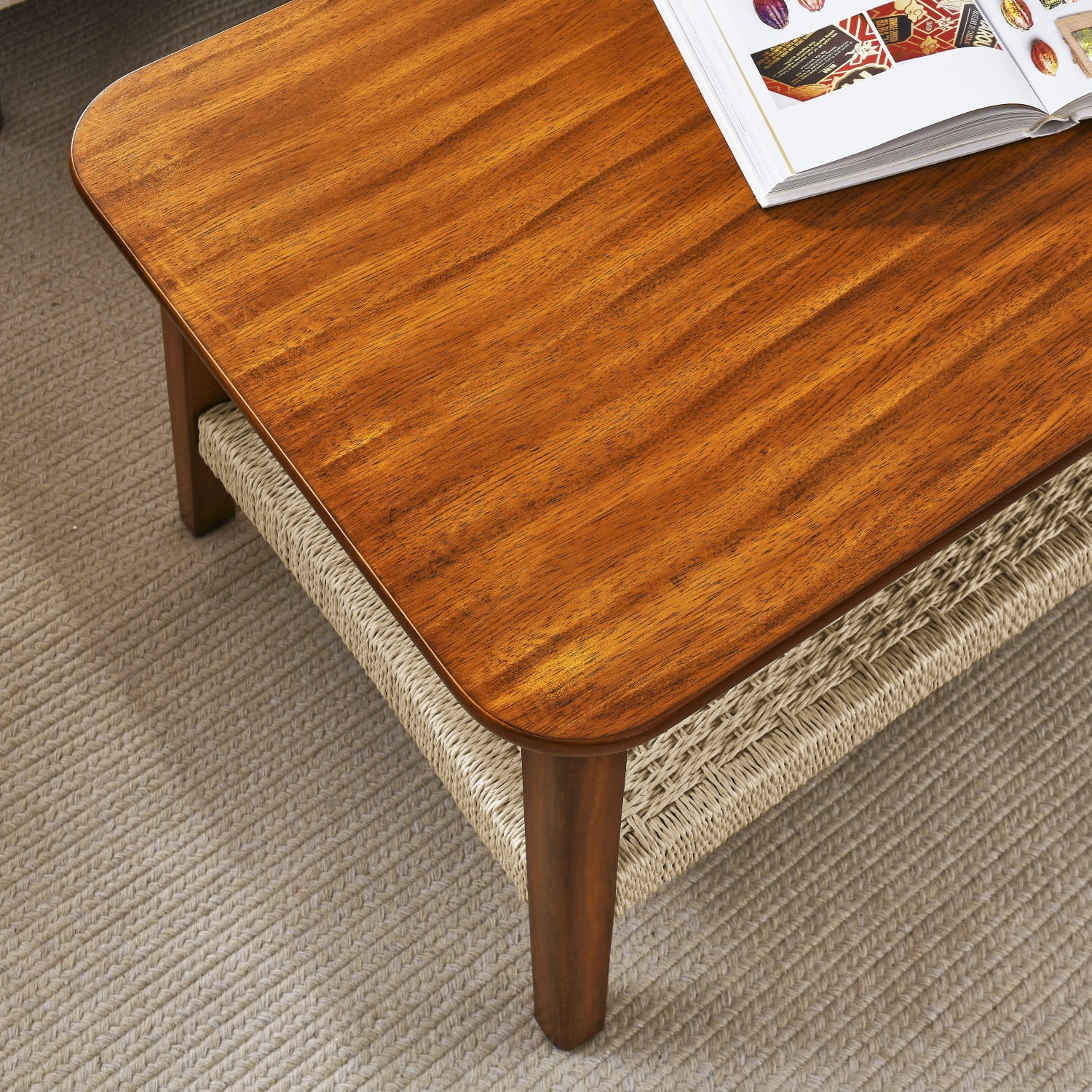 Mid-Century Modern Woven Coffee Table with Ample Storage, 47.25"