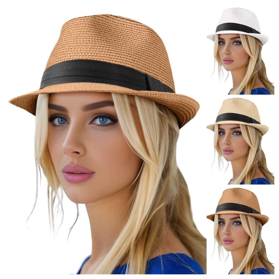GPOECD Women Straw Hat Summer Small Brim Beach Outdoor Travel Sun Visor Casual Elegant Bohemian Style 01_Khaki,One Size