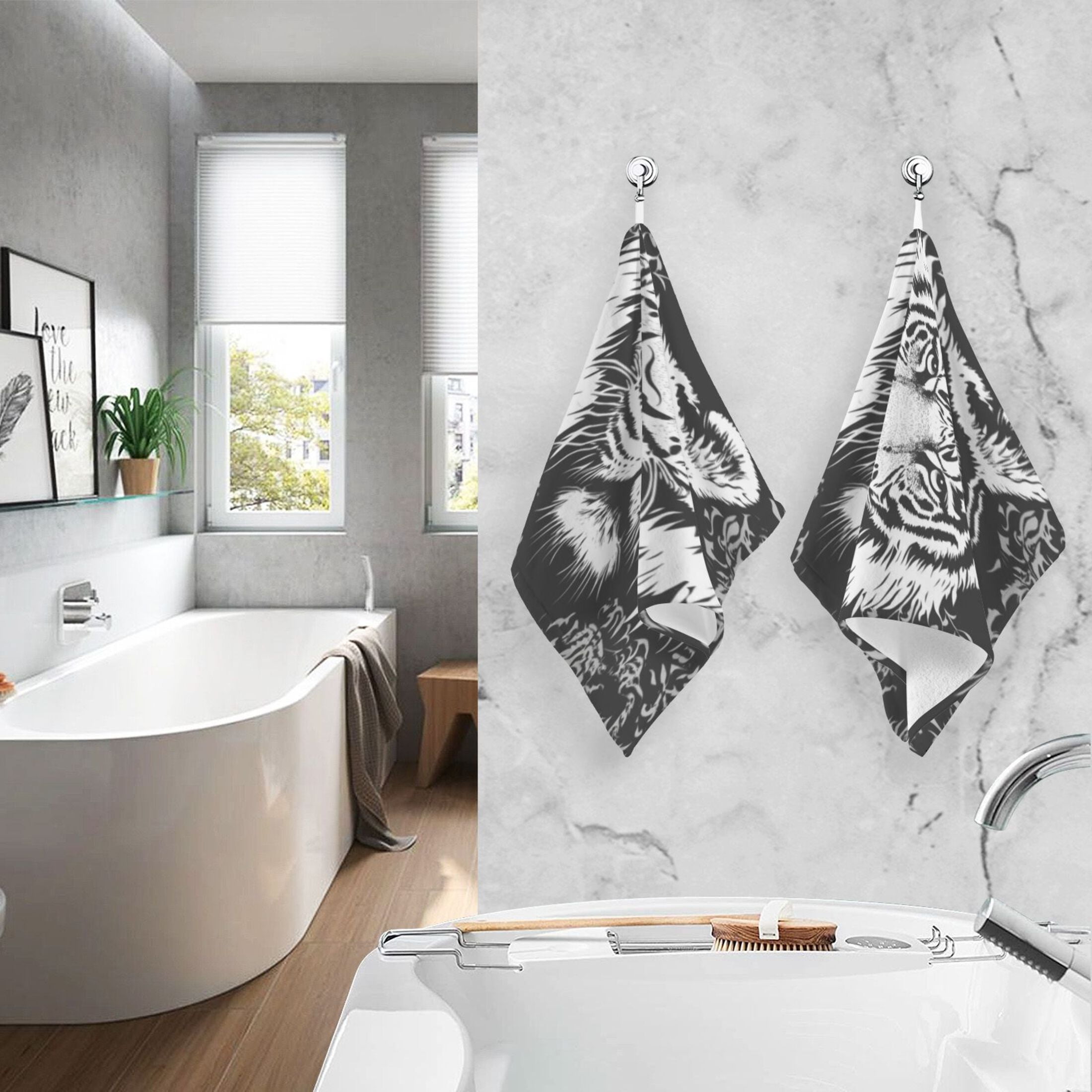 Cotton Towel Two-Piece 16x28 Inch One Sizex2 Face Towel Set Towel Set Cotton Hand Bath Towel Bathroom Beach Black and White Cartoon Tiger