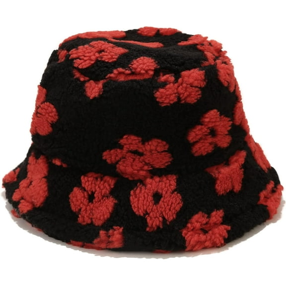 Winter Warm Plush Fuzzy Bucket Hat Faux Fur Daisy Flowers Shearling Fisherman Hats for Women