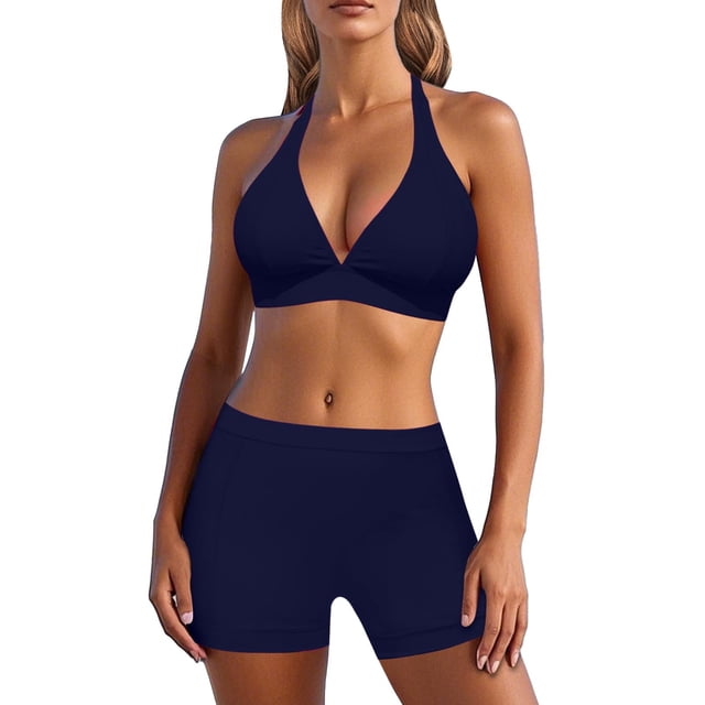 Womens Swimsuits Solid Color Beach Gathering Sports Separates Bikini Set Navy Bathing Suits for Women L