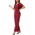 thumbnail image 4 of Mono V de inspiración Chic para mujer, con cintura alta, mangas cortas con volantes, vestido casual elegante, pantalones anchos largos, color burdeos, talla XL, 4 of 6