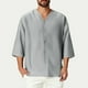 thumbnail image 1 of Blusas y camisas de manga corta y cuello redondo para hombre, blusas casuales de moda para hombre, de color liso, con botones, cuello redondo y manga tres cuartos., 1 of 8