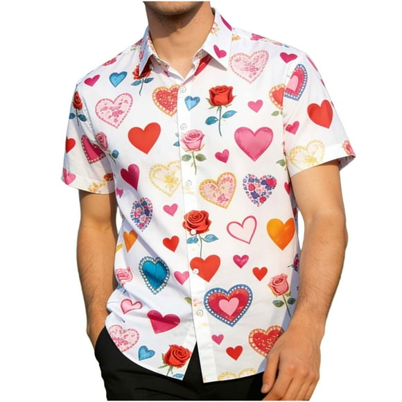 Unisex Valentine Print Short Sleeve Shirt, Couples Matching Casual Button Down with Turn-Down Collar, Lightweight Breathable Fabric Regular Fit Graphic Top for Holiday Gifts & Theme Outings