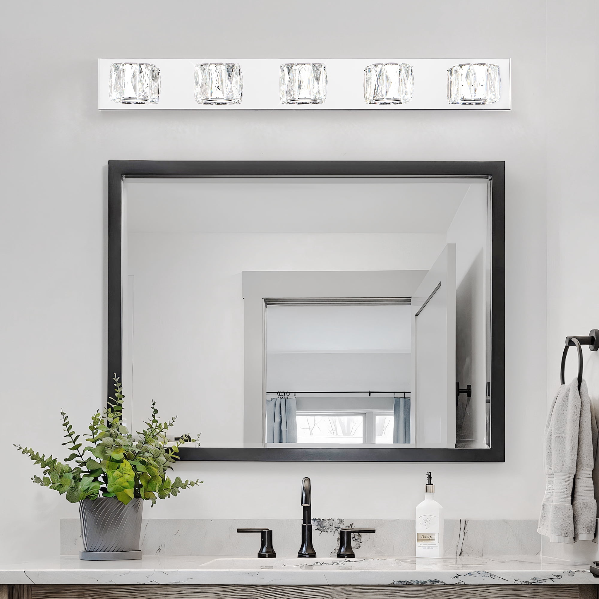 5 Lights Bathroom Crystal Modern Vanity Light 34.6in Vanity Lights for Bathroom - Dimmable LED Over Mirror Cool White Light Bath Light Fixtures Chrome