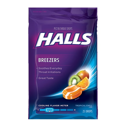 Halls Fruit Breezer Pectin Throat Drops Tropical Chill Bag, 25 Ea, 3