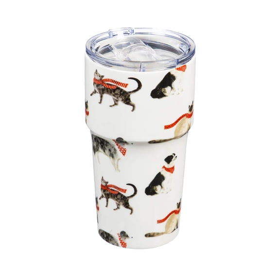 Cypress Double Wall Ceramic Companion Cup with Tritan Lid, 13 OZ, Stylin Cat & Dog