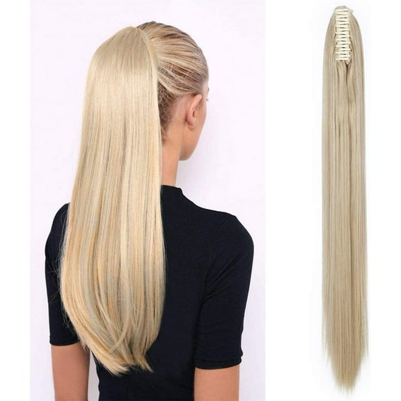 26" Claw On Ponytail Hair Extensions Long Straight Clip In On Ponytail Hairpieces Silky - Ash Blonde Mix Blonde(Weight:150g)