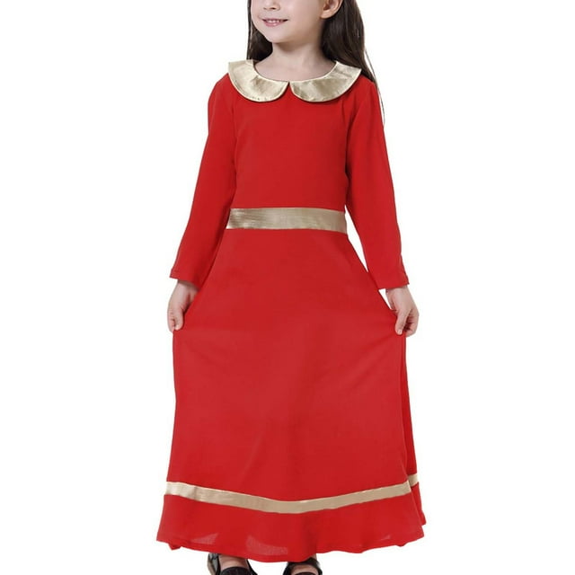 Huvoen Robe pour Enfants Robe Musulmane Longue Robe Fille Moyenne Grande Manches Longues Col Claudine Robe à Blocs de Couleur Rouge 14-15 Ans