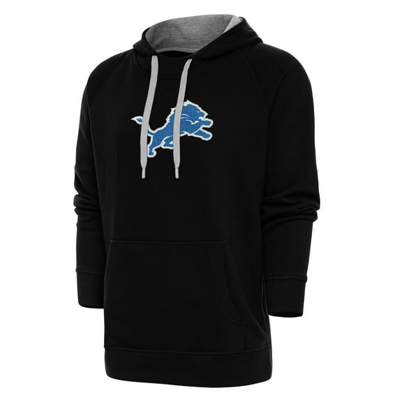 Men's Antigua Black Detroit Lions Victory Chenille Pullover Hoodie