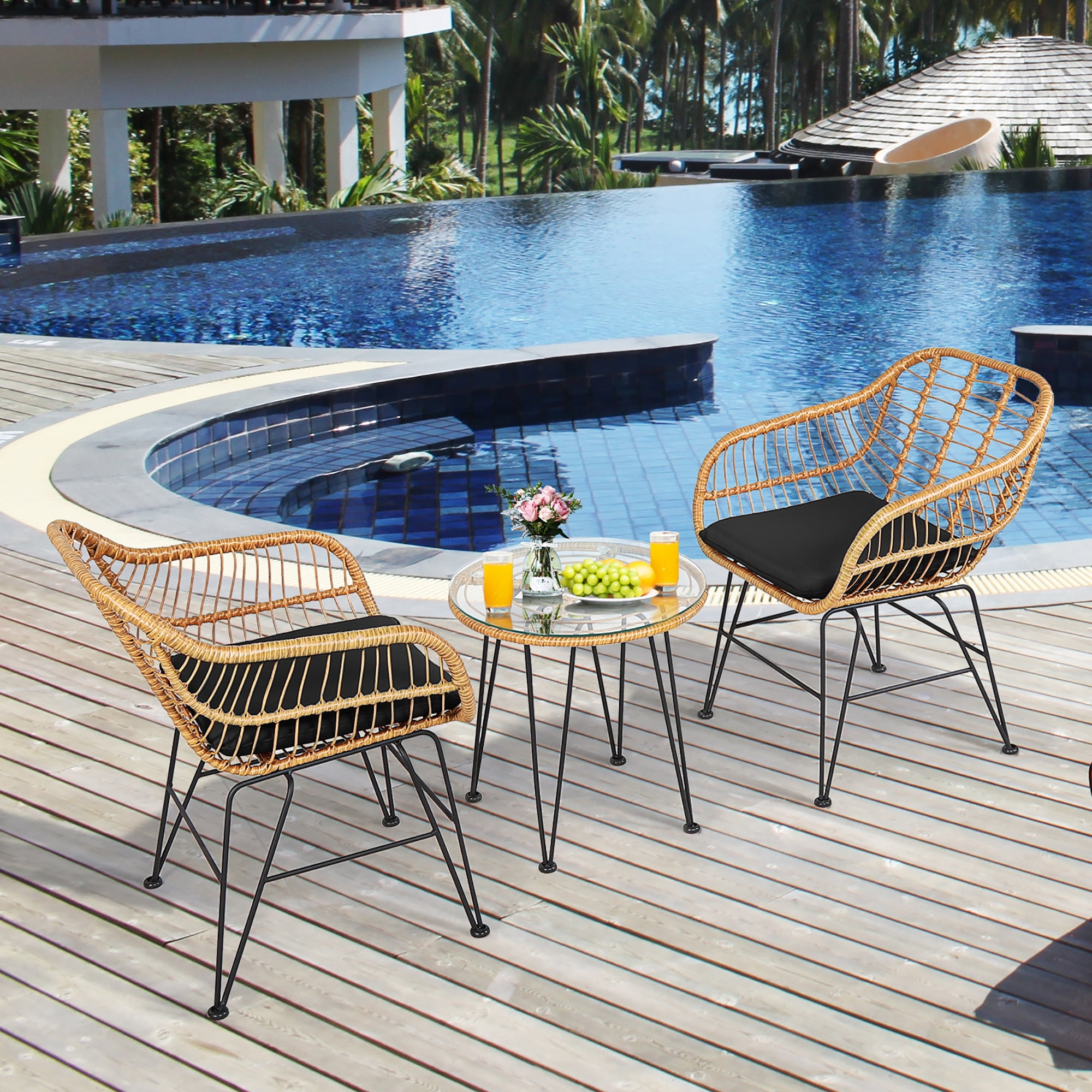 Costway 3PCS Patio Rattan Bistro Furniture Set Cushioned Chair Table Black