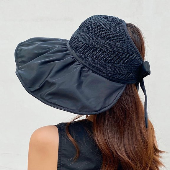 Summer Women Bucket Hat UV Protection Big Wide Brim Beach Sun Hats Empty Top Caps Ponytail Caps Bows Ladies Girls Panama Caps Summer Women Bucket Hat UV Protection Big Wide Brim Beach Sun Hats