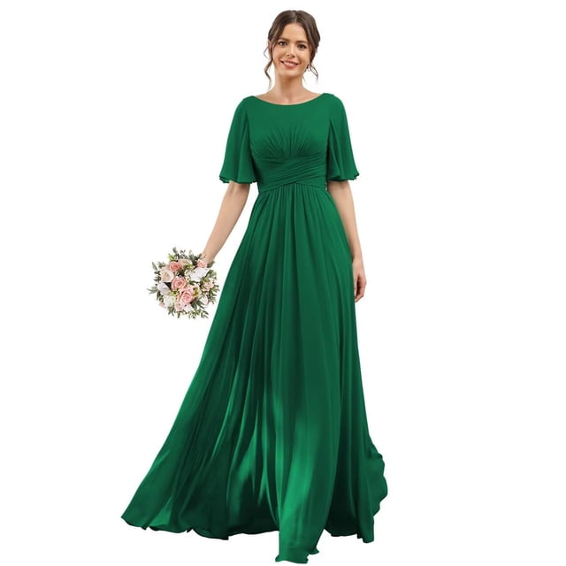 Vestido de dama de honor ROSETOO verde oscuro con mangas onduladas de gasa