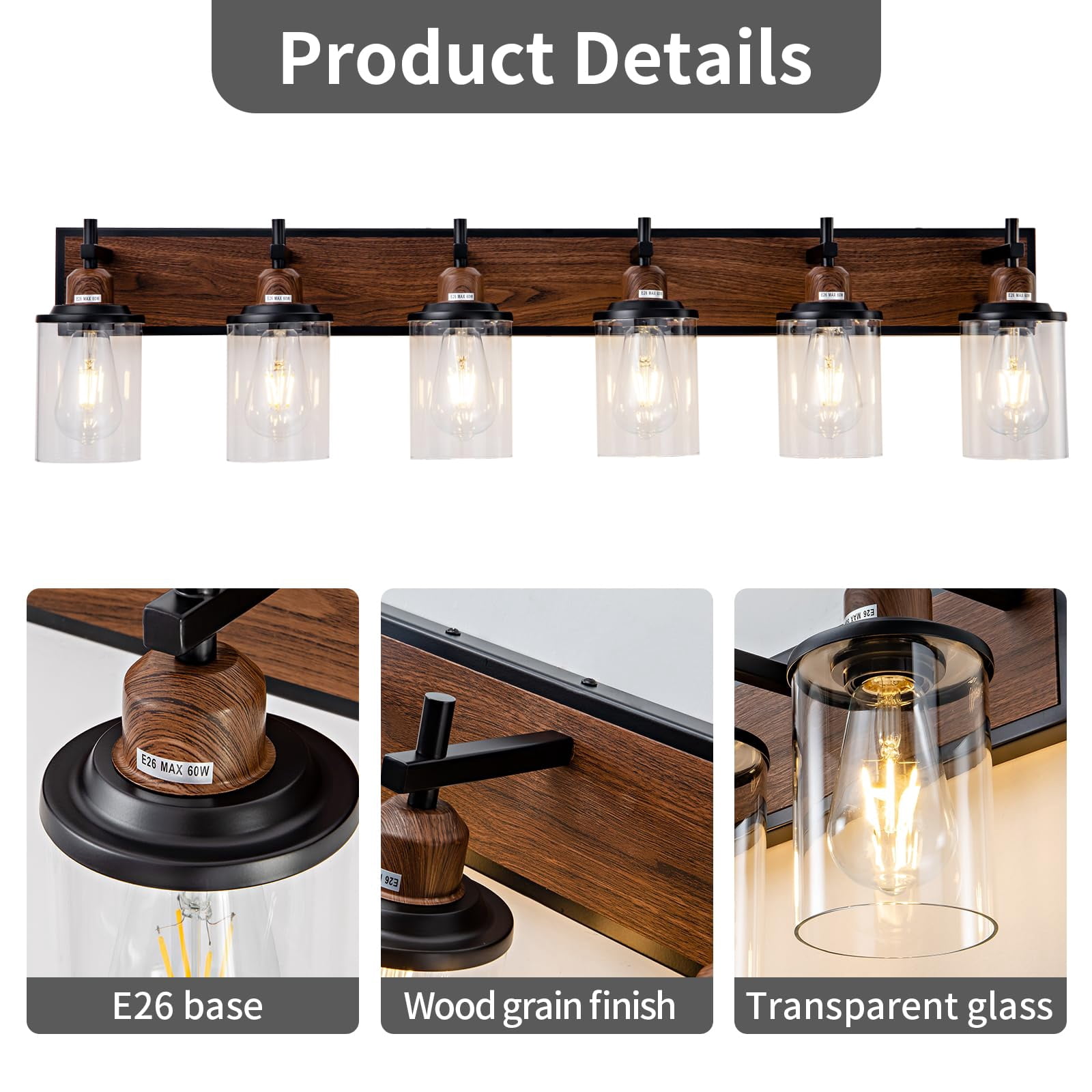 6-Light Black and Wood-painted Vanity Light Farmhouse Bathroom Fixture
