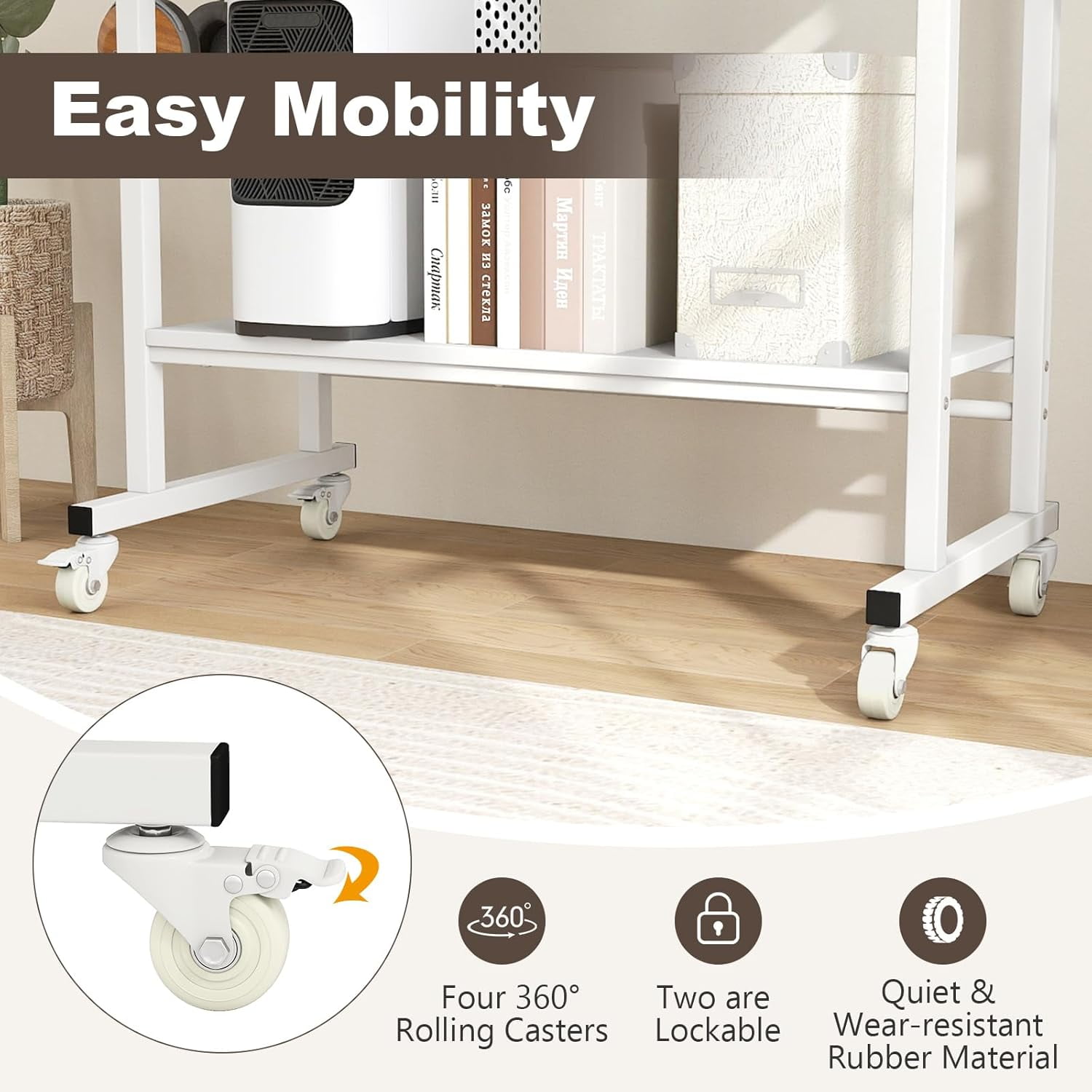 CHTER Rolling Computer Desk Cart with Keyboard Tray, Mobile Portable Laptop PC Desk with CPU Stand & 3 Hooks for Sofa & Bed, Compact Small Desk on Wheels for Small Spaces (White)
