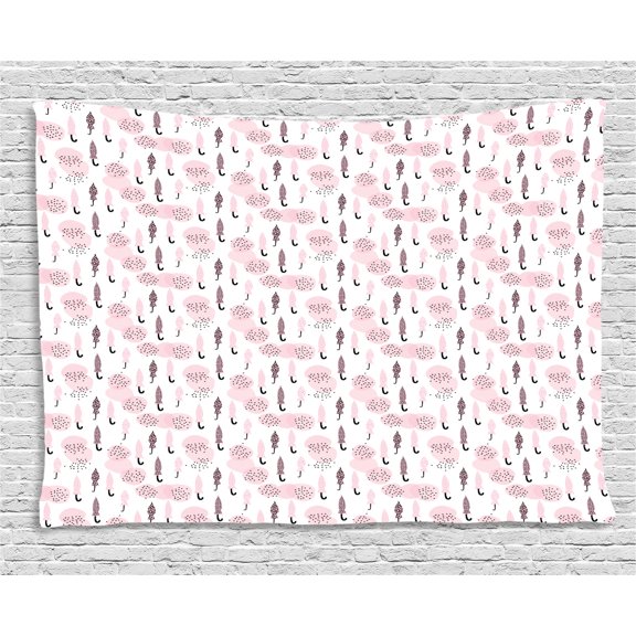 Umbrella Tapestry, Doodle Big Circles and Closed Umbrella Figures Ornamented with Lines, Wall Hanging for Bedroom Living Room Dorm Decor, 80W X 60L Inches, Pale Pink and Black, by Ambesonne