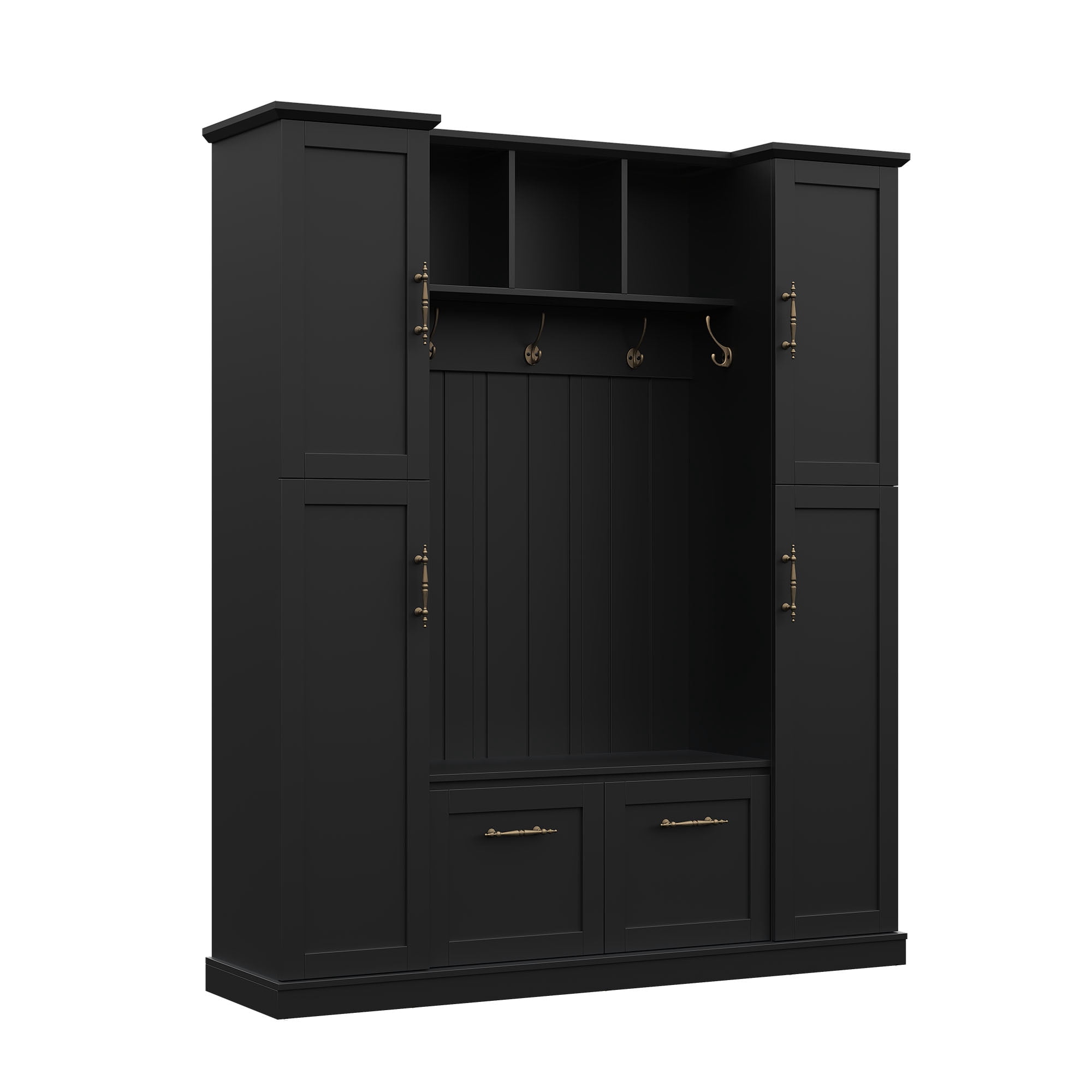 71"H Farmhouse Hall Tree with Bench & Shoe Storage,Large Hall Tree Entryway Bench with 4 Side Cabinets,Coat Rack & 5 Hooks for Mudroom,Hallway,Black