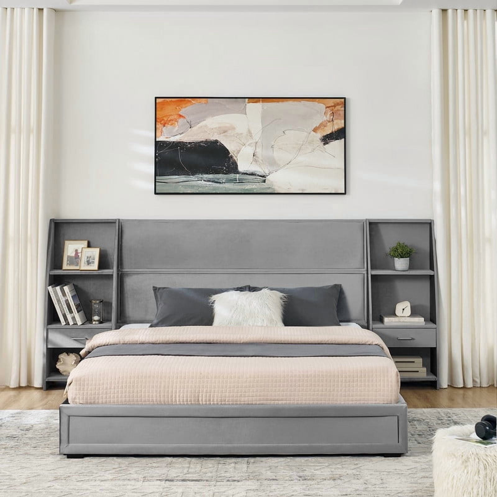 Queen/King Size Modern Upholstered Platform Bed Frame, Velvet Storage Bed with Headboard, Side Bookcases & Drawers Nightstand