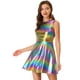 thumbnail image 1 of Vestido acampanado holográfico de cintura alta y cuello redondo sin mangas brillante metálico Clubwear para mujer Azul púrpura L, 1 of 6