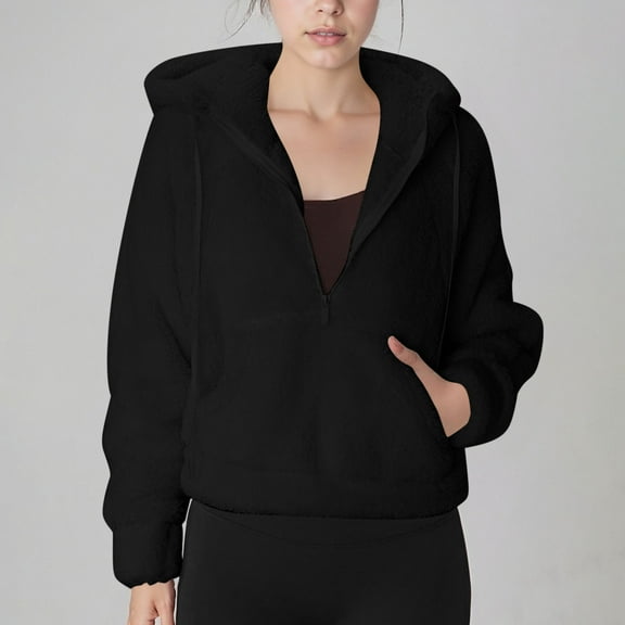 UPPADA Sherpa Hooded Sweatshirt for Women Half Zip Hoodies Cropped Pullover Tops Fleece Hooded Sherpa Sweaters Tops Fall Winter Clothes Black,L Womens Fleece Jacket Full Zip No Hood
