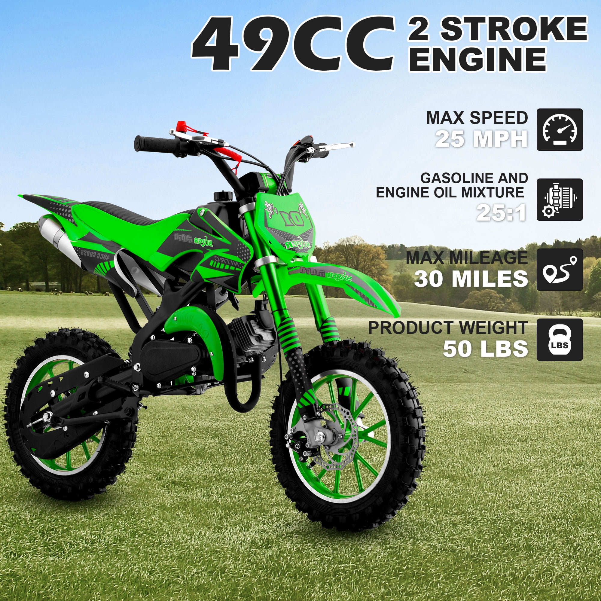 Gpower Gasoline 49cc Dirt Bike for Kids 13-17,2-Stroke Gas Power Mini Dirt Bike,Green