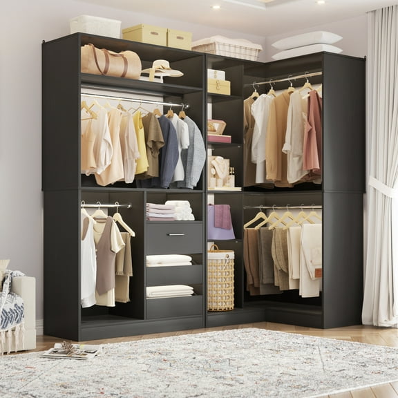 iSunirm Closet System with 2 Sets, Walk-in Closet Organizer System with Drawers & Hanging Rods, Heavy Duty Wardrobe Closet with Storage Shelves for Bedroom, Closet, 72''L x 36''W x 80''H, Black