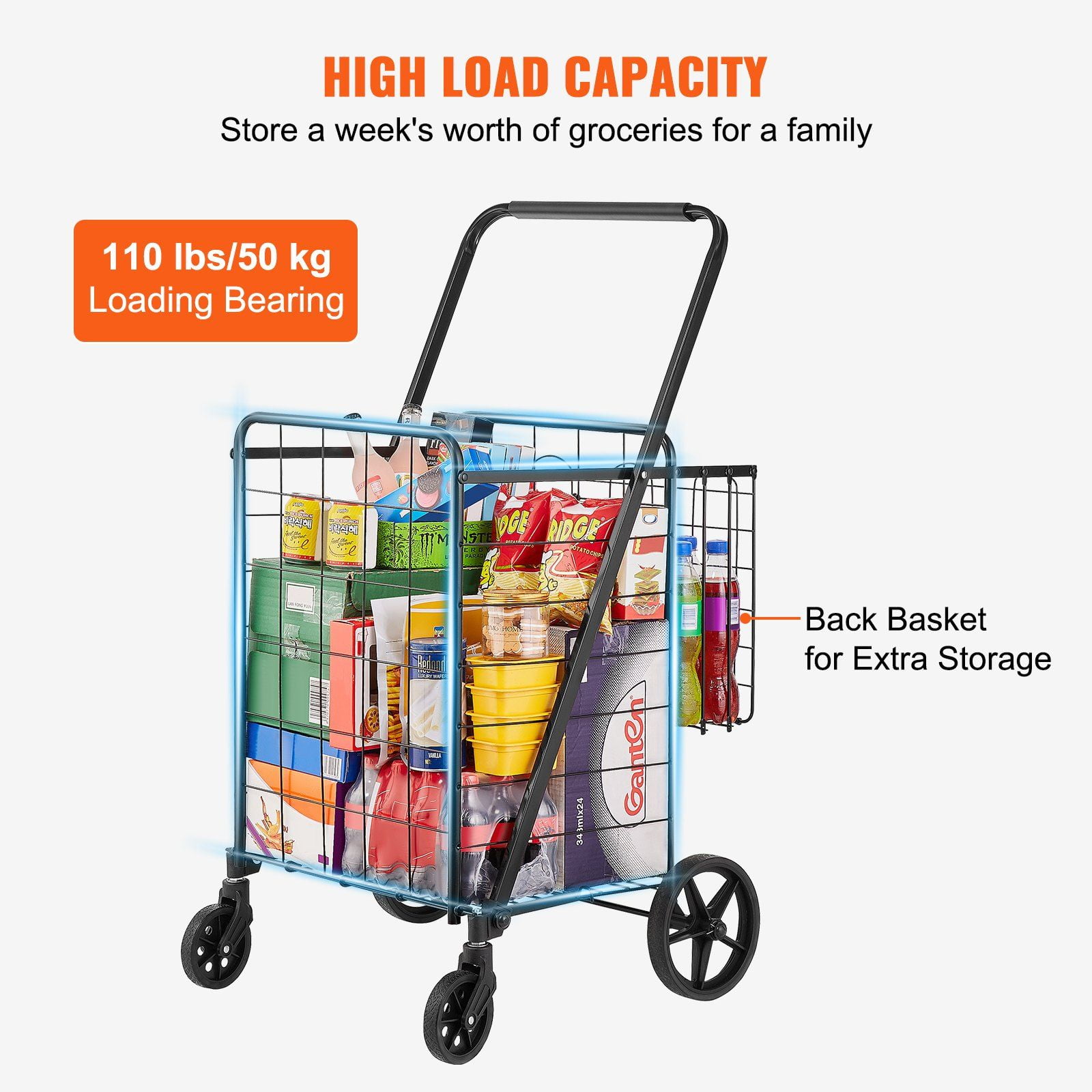 Folding Shopping Cart with Double Baskets, 110 LBS Capacity Heavy Duty Utility Cart, 360° Swivel Wheels, Portable Grocery Cart for Shopping Laundry Luggage