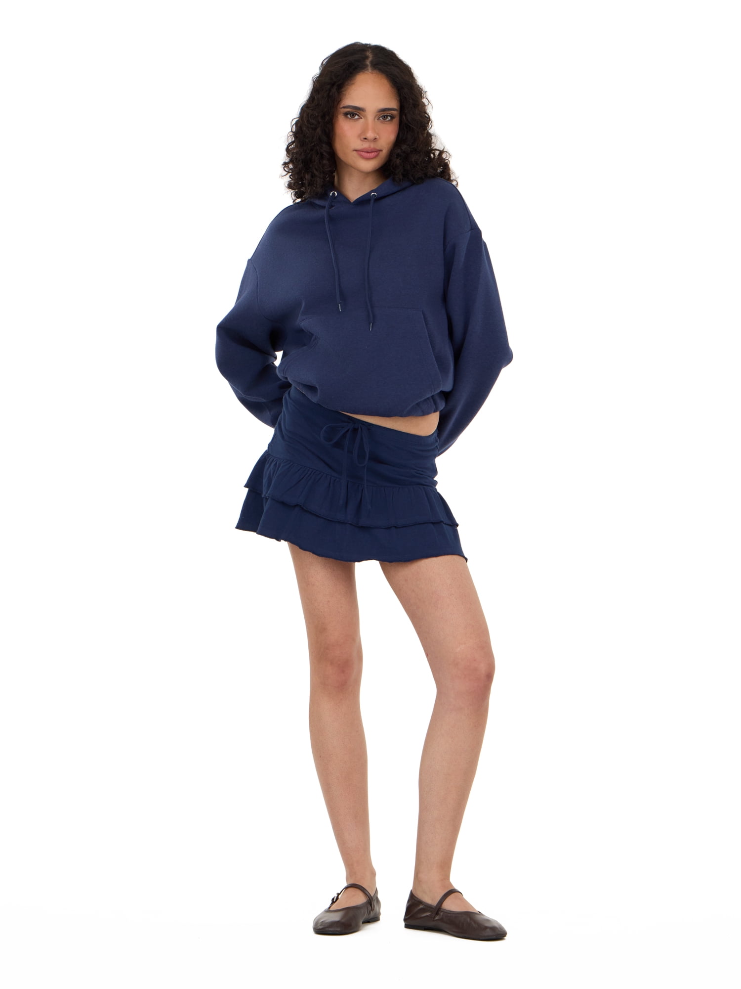 Forever 21 Women's Tiered Skort with Built-In Shorts and Drawstring Waist, Ruffle Mini Skirt Shorts Combo, Soft Knit Casual Lounge and Active Style, Navy, XXS-XXL