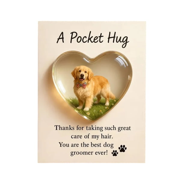 Abrazo de bolsillo para peluqueros caninos con tarjeta de felicitación de acrílico en forma de corazón. Abrazo de bolsillo para peluqueros de mascotas. Regalos de recuerdo de agradecimiento.