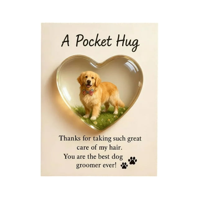Abrazo de bolsillo para peluqueros caninos con tarjeta de felicitación de acrílico en forma de corazón. Abrazo de bolsillo para peluqueros de mascotas. Regalos de recuerdo de agradecimiento.