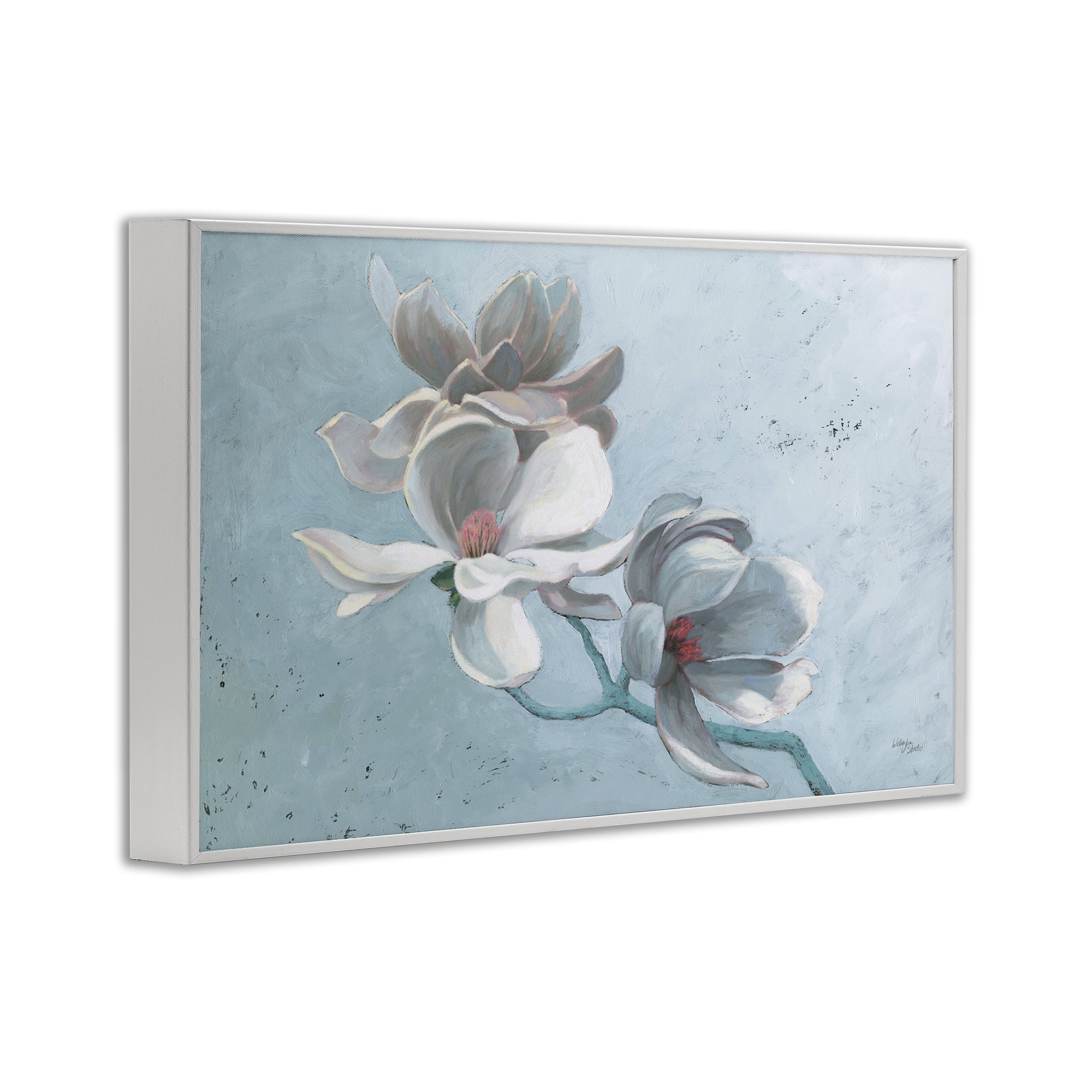 Stupell Industries Magnolia Branch on Blue Botanical & Floral Painting White Framed Art Print Wall Art, 18 x 12