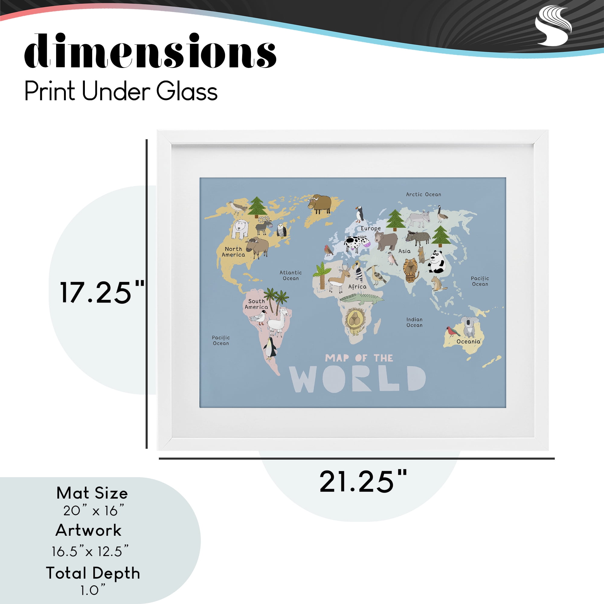 Kid's Map Of World Blue White Framed Print Under Glass, design by Carla Daly