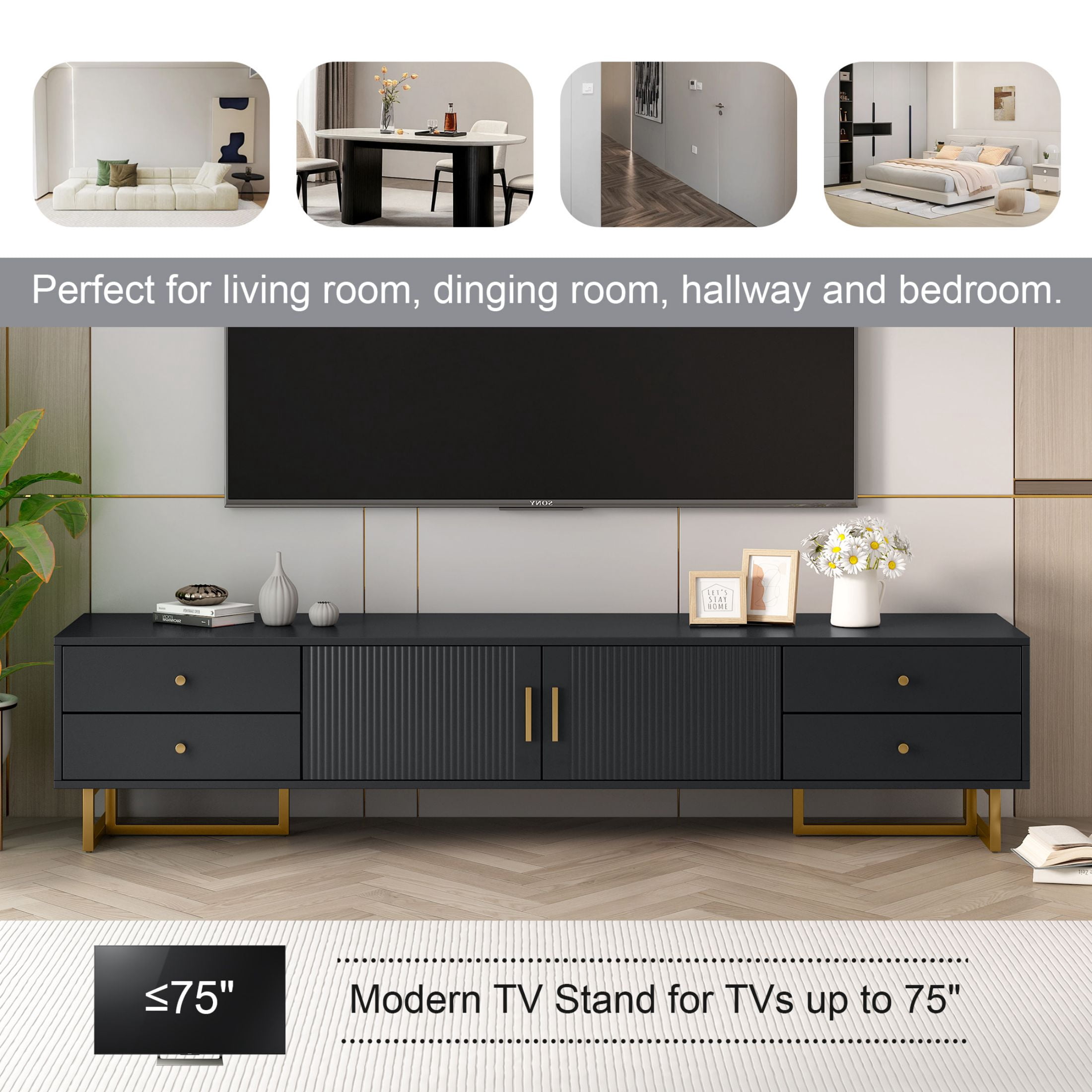 DEALTOPS Stylish TV Stand with 4 Drawers, Spacious Media Console with Metal Legs for TVs Up to 75'', Black