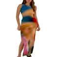 thumbnail image 1 of Femmes Été Longue Robe O-Cou Cravate-Teinte Imprimer Slim Fit Robe Côté Découpé Robe Sans Manches Bodycon Style D M, 1 of 7
