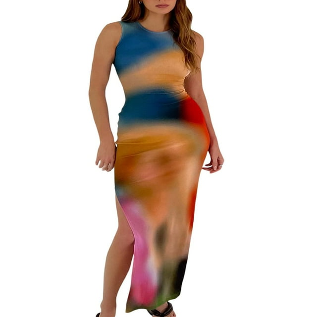 Femmes Été Longue Robe O-Cou Cravate-Teinte Imprimer Slim Fit Robe Côté Découpé Robe Sans Manches Bodycon Style D M