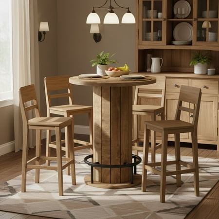 Finmind Black Round Bar Height Dining Table, Wood Strip Base with Footrest for Home Commercial Space